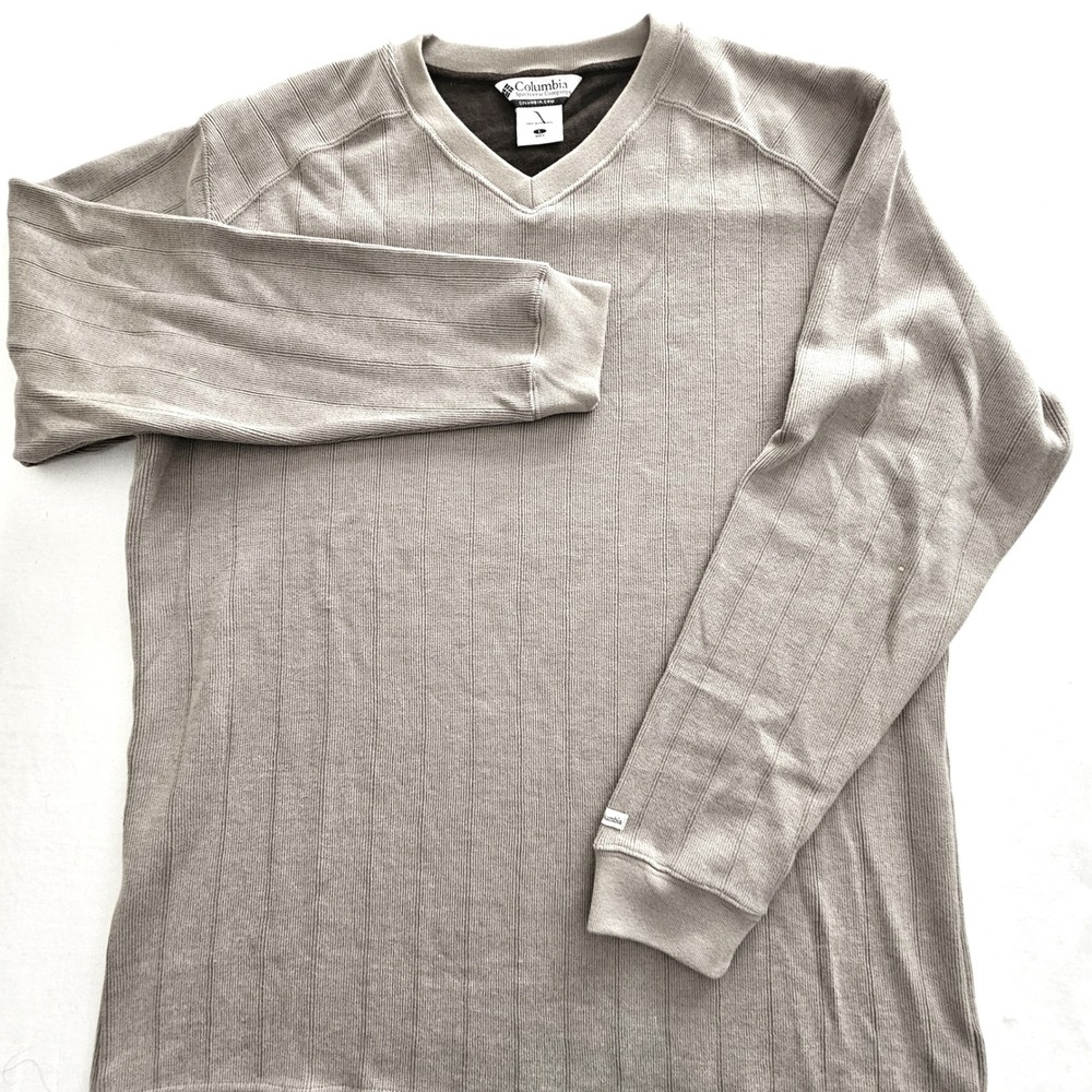 Columbia Mens V-Neck Ribbed Pullover Shirt Tan Khaki Long Sleeve XM6136 Large